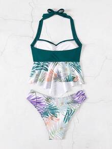 女士夏季海滩随机植物印花褶饰胸围吊带分体泳衣 - 彩色 - 查看 5