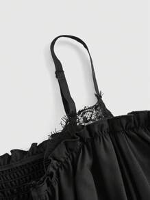 ROMWE Goth 女士大尺碼純色露肩細肩帶連身裙 - 黑色 - 查看 3