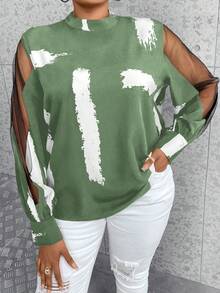 Maweii 大碼筆刷圖案網紗拼接拼接燈籠袖小高領襯衫 - 綠色 - 查看 4