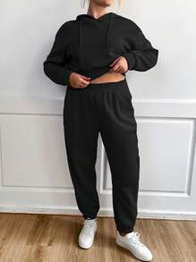 Calvaya Plus Drop Shoulder Drawstring Crop Hoodie & Sweatpants - Black - View 4