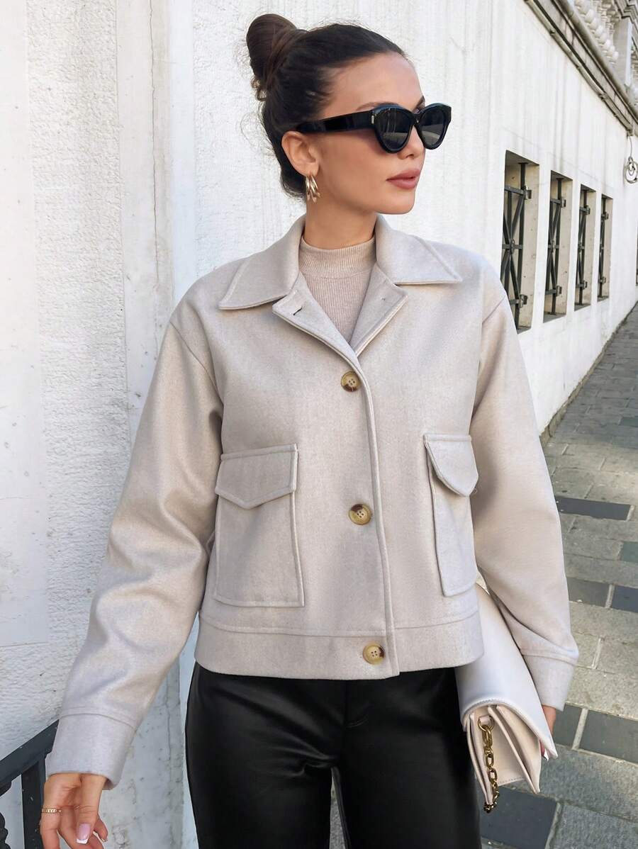 RueChic Flap Pocket Drop Shoulder Overcoat - Beige - View 1