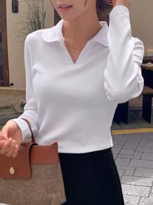 DAZY Solid Ribbed Knit Tee,Back To School Clothes Preppy Tops Long Sleeve Women Tops - White - View 4