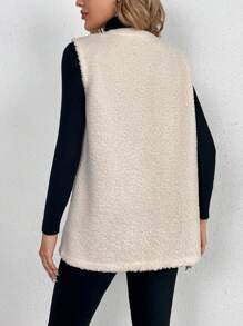 SHEIN Tall Dual Pocket Open Front Teddy Vest Coat - Beige - View 2