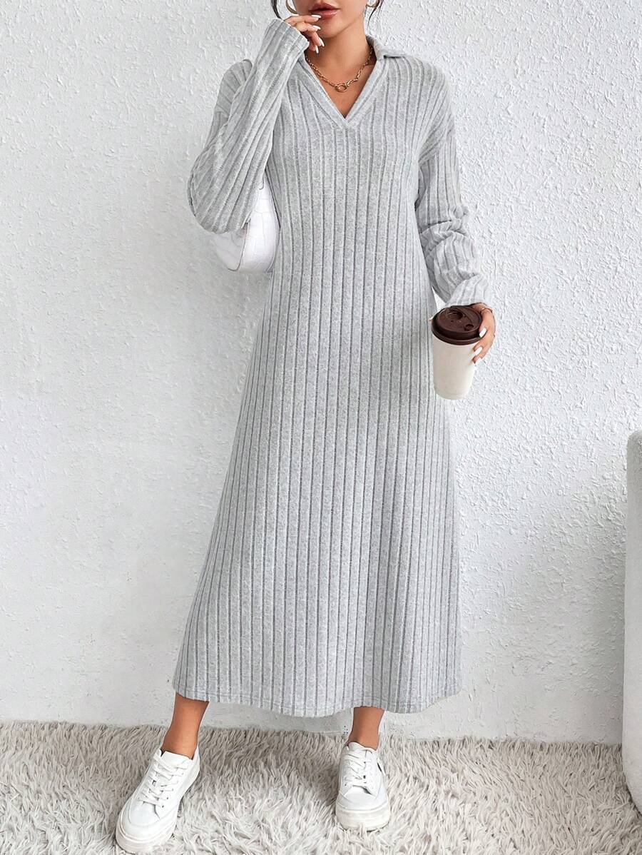 SHEIN LUNE 缺口領條紋針織落肩袖洋裝 - 灰色 - 查看 1