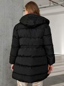 SHEIN Cottnline Flap Pocket Hooded Puffer Coat - Black - View 2