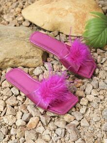 女性羽毛裝飾方頭平底涼鞋 - 粉色 - 查看 3