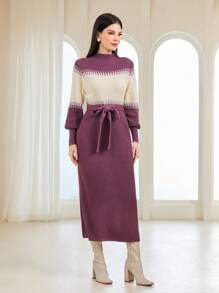 Mulvari Vestido de punto de color combinado de cuello alto con cinturón