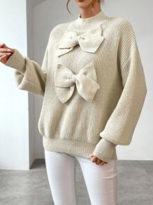 Firerie 小高領前蝴蝶結落肩袖套頭毛衣 - 卡其色 - 查看 5