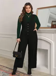 SHEIN Frenchy Hơn Nút phía trước Tổng thể Jumpsuit Without Tee - màu đen - Xem 1