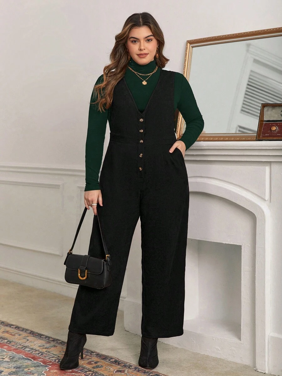 SHEIN Frenchy Hơn Nút phía trước Tổng thể Jumpsuit Without Tee - màu đen - Xem 1