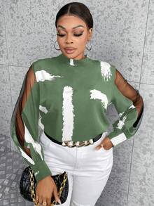 Maweii 大碼筆刷圖案網紗拼接拼接燈籠袖小高領襯衫 - 綠色 - 查看 5