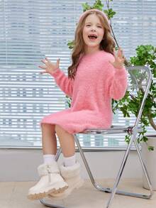 SHEIN Young Girl Solid Fuzzy Sweater Dress - Pink - View 7