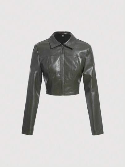 SHEIN MOD 拉鏈開襟PU皮革短夾克