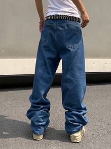 Manfinity Roghcode Loose Fit Men's Wide Leg Jeans Without Belt With Patched Details Baggy Long Washed Dark Wash Jean Cargo Graphic Plain Blue Going Out Street Wear Friends