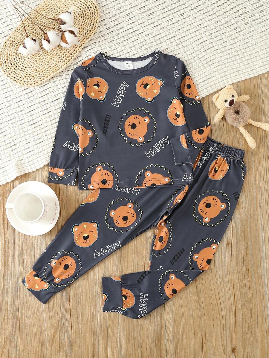 Young Boy Cartoon & Letter Graphic PJ Set - Dark Grey - View 1