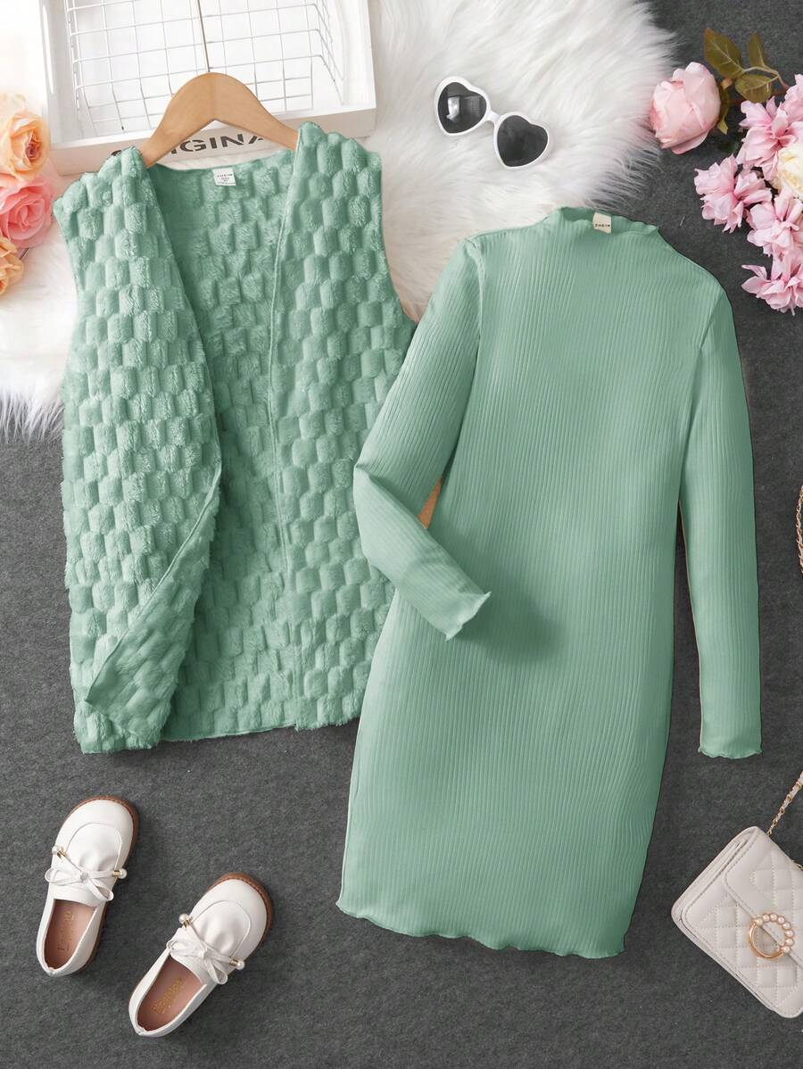SHEIN Tween Girl Solid Mock Neck Lettuce Trim Tissue Dress & Open Front Jacket - Green - View 1