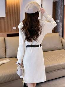 Mock Neck Pocket Patched Sweater Dress Without Belt - White - View 2