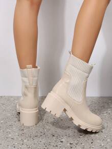 女士时尚粗跟一脚蹬踝靴、中筒靴 - 米色 - 查看 8