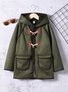 SHEIN Tween Boy Duffle Button Double Pocket Contrast Binding Hooded Coat,In Fall/Winter