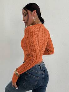 Chiquease Cable Knit Crop Knit Pullover Fall Winter Sweater - Rust Brown - View 2