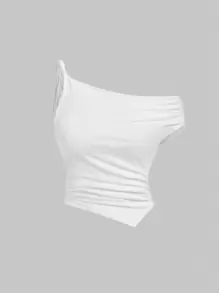 SHEIN MOD 素色不對稱領褶邊上衣 - 白色 - 查看 1