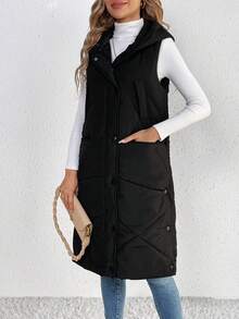 SHEIN Tall Solid Hooded Puffer Vest Coat - Black - View 7