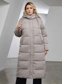 Astrid Plus Zip Up Drawstring Hooded Padded Coat - Beige - View 1