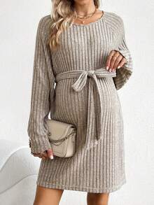 SHEIN Maternidad Vestido con cinturón de manga raglán - Caqui - Ver 3
