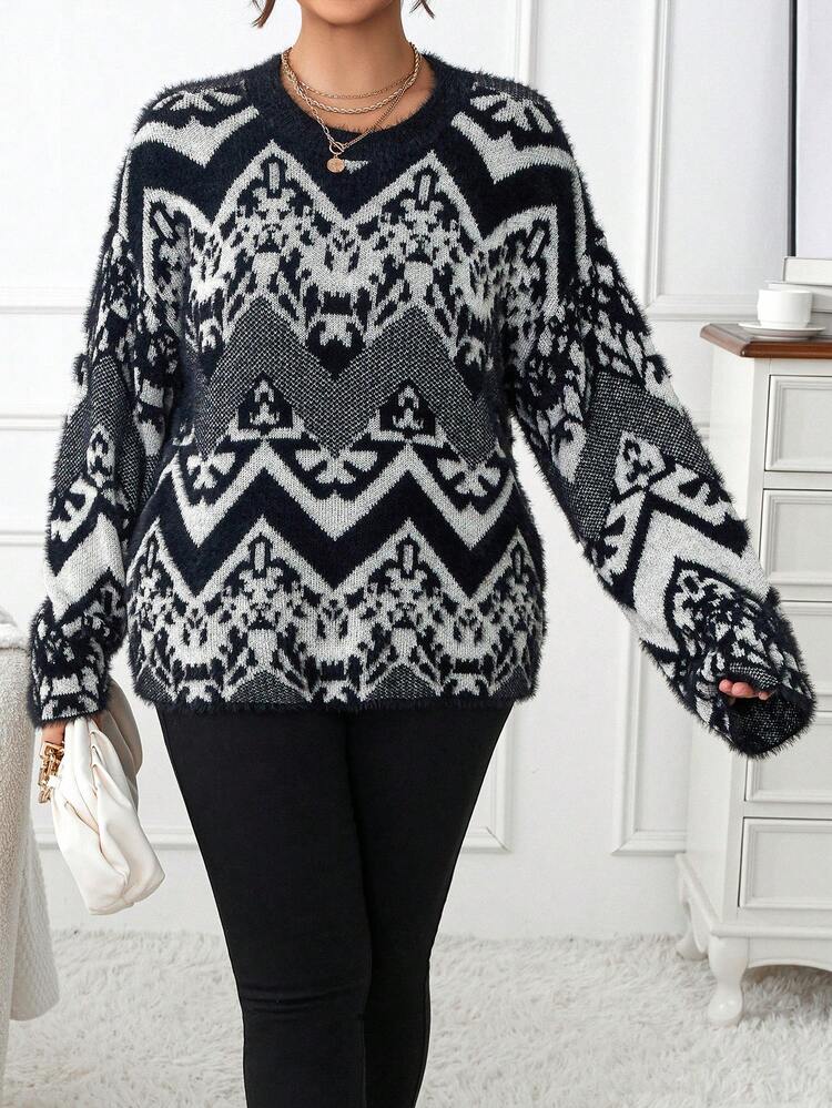 Plus Chevron Pattern Drop Shoulder Sweater