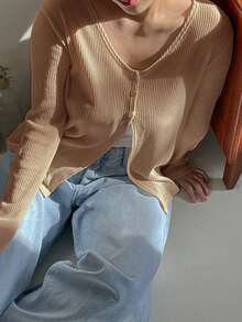 Dazy Petite Plus 1pc Ribbed Knit Button Front Tee - Beige - View 7