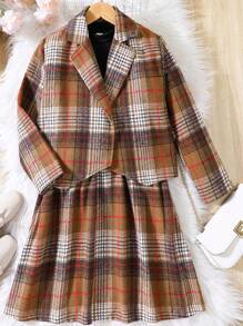 SHEIN Tween Girl Plaid Print Lapel Neck Blazer & Dress