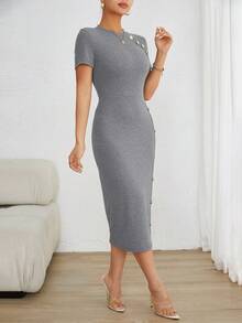 SHEIN Privé 紐扣細節緊身洋裝 - 深灰色 - 查看 4