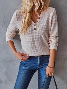 SHEIN LUNE Chất rắn Cổ v Chi tiết Nút Áo thun - Màu be - Xem 5