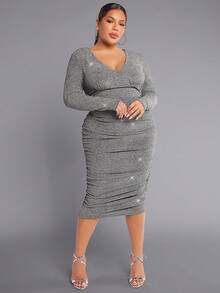 SHEIN SXY 大碼側收褶金屬亮絲緊身洋裝 - 香檳色 - 查看 4