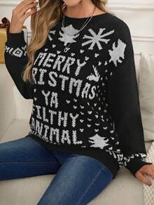 EMERY ROSE 聖誕圖案落肩袖套頭毛衣 - 黑與白 - 查看 2