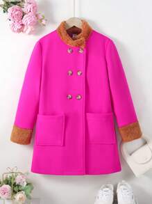 SHEIN Tween Girl Double Breasted Dual Pocket Contrast Fuzzy Overcoat