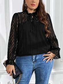 SHEIN Clasi 大碼蕾絲拼接喇叭袖繫帶領襯衫 - 黑色 - 查看 3