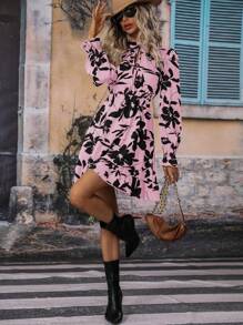 SHEIN Clasi In hoa Cà vạt Tay áo loe Xù Hoa Sen Đầm - Màu Hồng baby - Xem 5