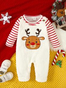 SHEIN Baby Girl Striped & Elk Embroidery Fluffy Jumpsuit - Multicolor - View 4
