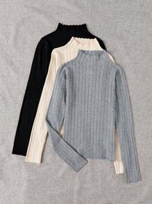 Chiquease 3件套高领罗纹针织荷叶边毛衣，长袖套头针织衫，秋冬毛衣 - 彩色 - 查看 4