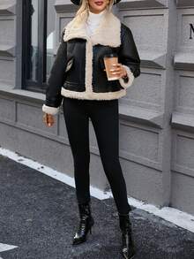 SHEIN Essnce Teddy Lined PU Leather Jacket - Black - View 4