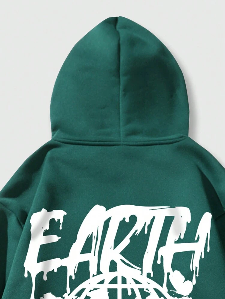 ROMWE MEN Street Life Men Slogan Graphic Kangaroo Pocket Drawstring Thermal Lined Hoodie - Green - View 4