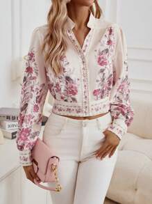 GENKIRA Áo sơ mi cài nút phía trước họa tiết hoa dành cho nữ - Nhiều màu - Xem 4