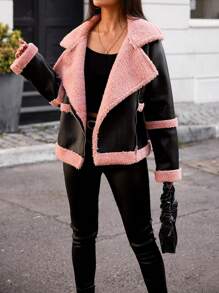 EURMUSE Teddy Lined Zip Up Moto Jacket - Black - View 4