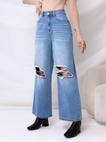 SHEIN Privé 高腰破洞闊腿牛仔褲 - 淺色水洗藍 - 查看 4