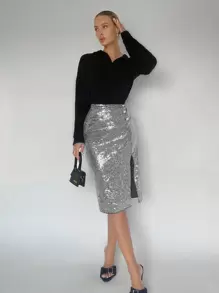 Maija 高腰高衩亮片半身裙 - 銀色 - 查看 3