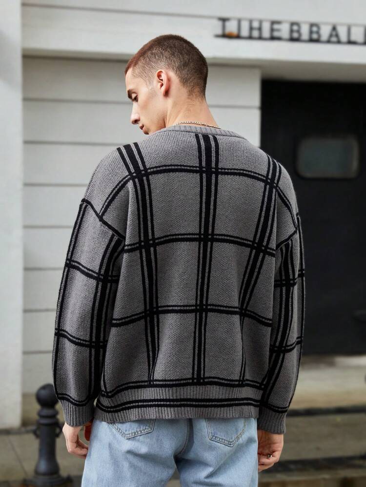 1pc Loose Fit Men's Plaid Patterned Drop Shoulder Cardigan, For Fall Winter