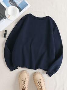 SHEIN EZwear 花和標語圖案加絨內裏運動衫 - 藏蓝色 - 查看 2