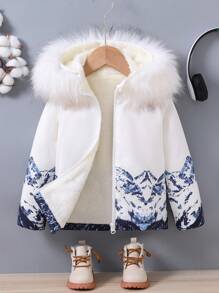 SHEIN Young Boy Graphic Print Fuzzy Trim Hooded Teddy Lined Thermal Lined Jacket - White - View 1