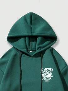 ROMWE MEN Street Life Nam Đồ họa Khẩu hiệu Túi kangaroo Dây rút Lót nhiệt Hoodie - màu xanh lá - Xem 3